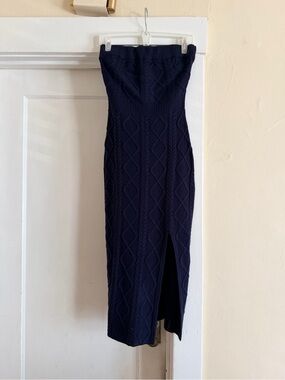Strapless Cable-Knit Midi Dress in Navy